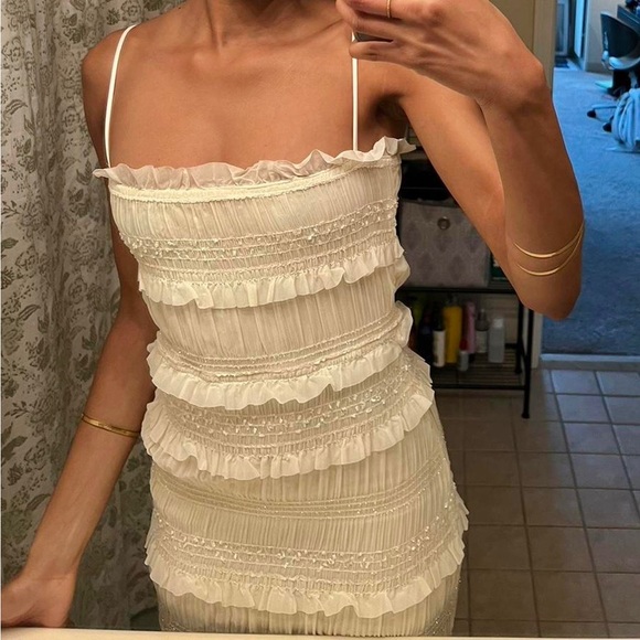 White ruched smocked midi maxi ruffle tiered dress - Picture 8 of 11